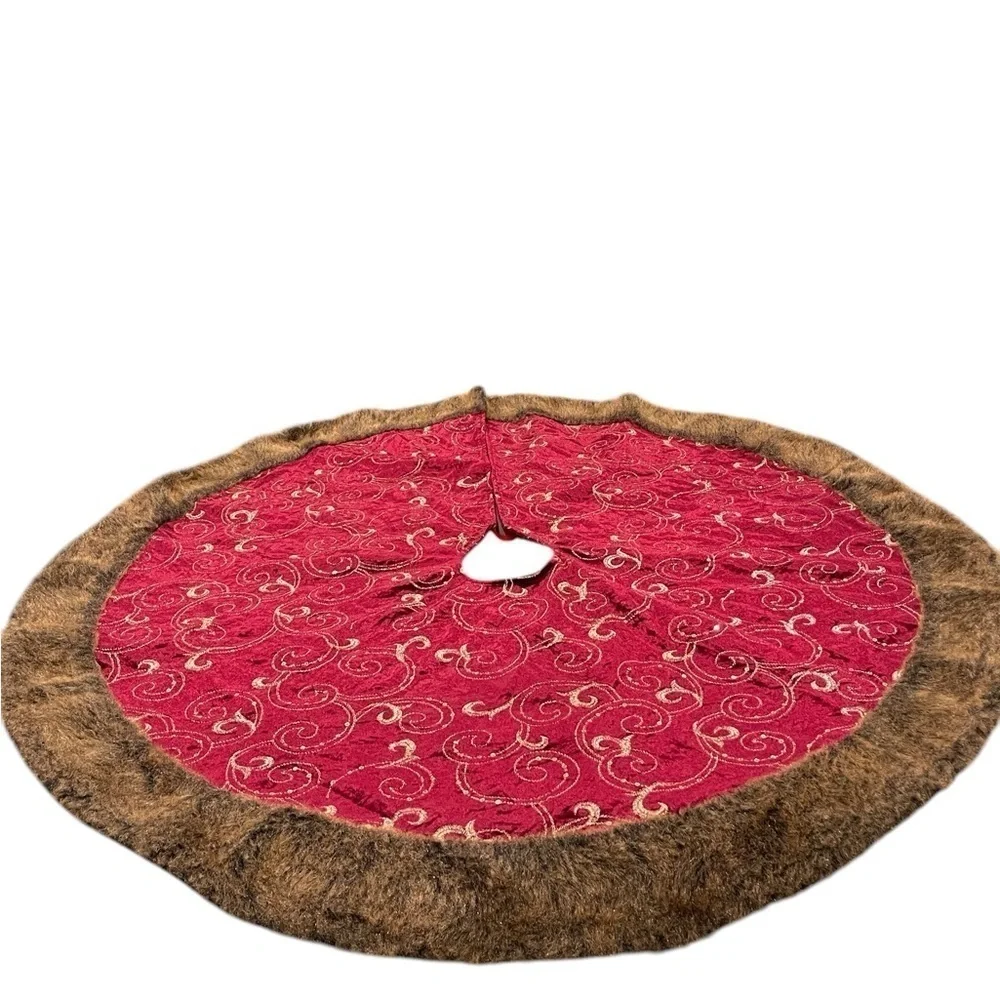 Valery Madelyn Christmas Tree Skirt 48 inch With Gold Scrolling Sequins Fur